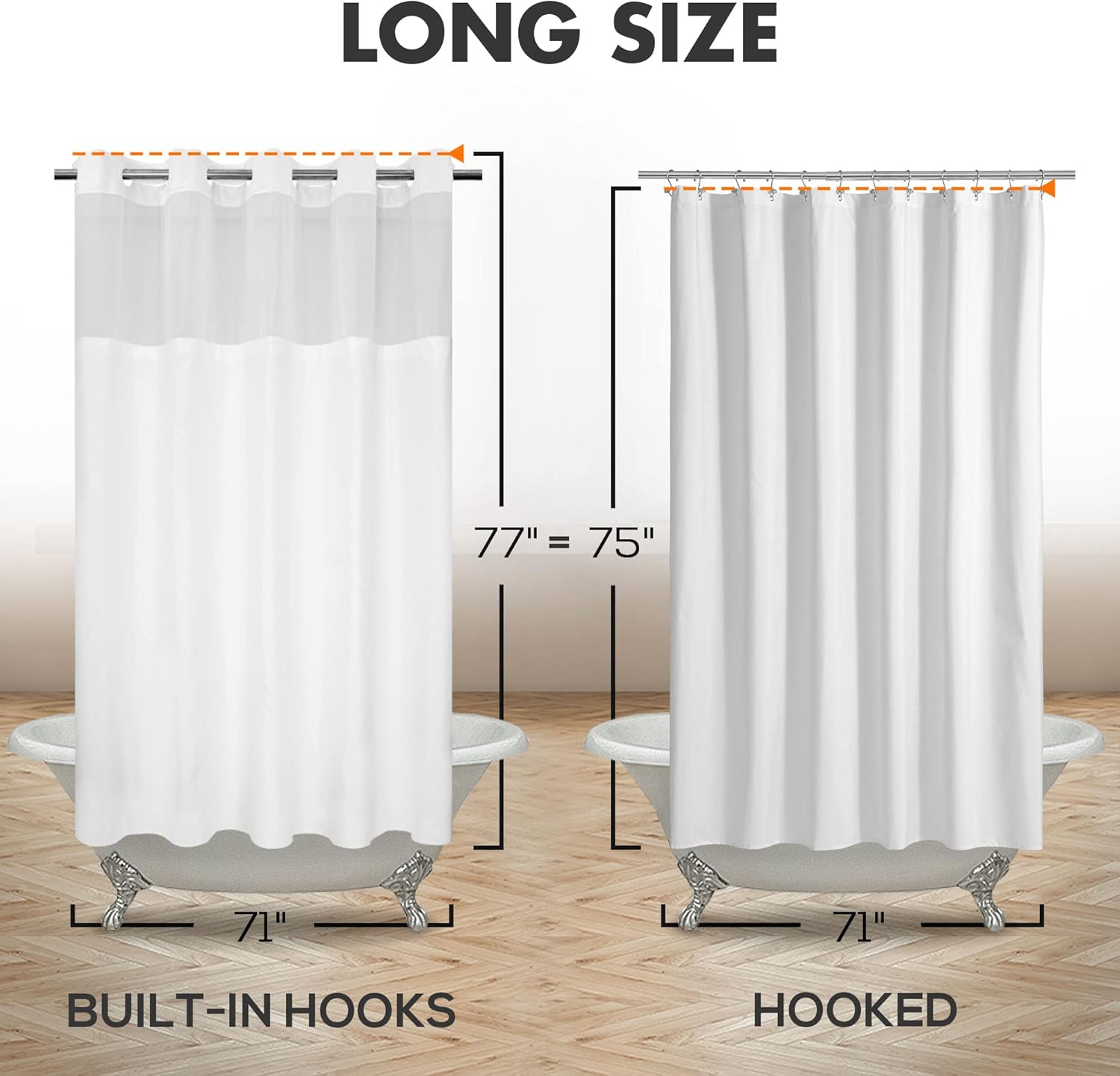 River Dream Long No Hook Slub Textured Shower Curtain with Snap-in PEVA Liner Set - 71" x 77"(75"), Hotel Style with See Through Top Window, Fabric Curtain & Waterproof Liner, White, 71x77