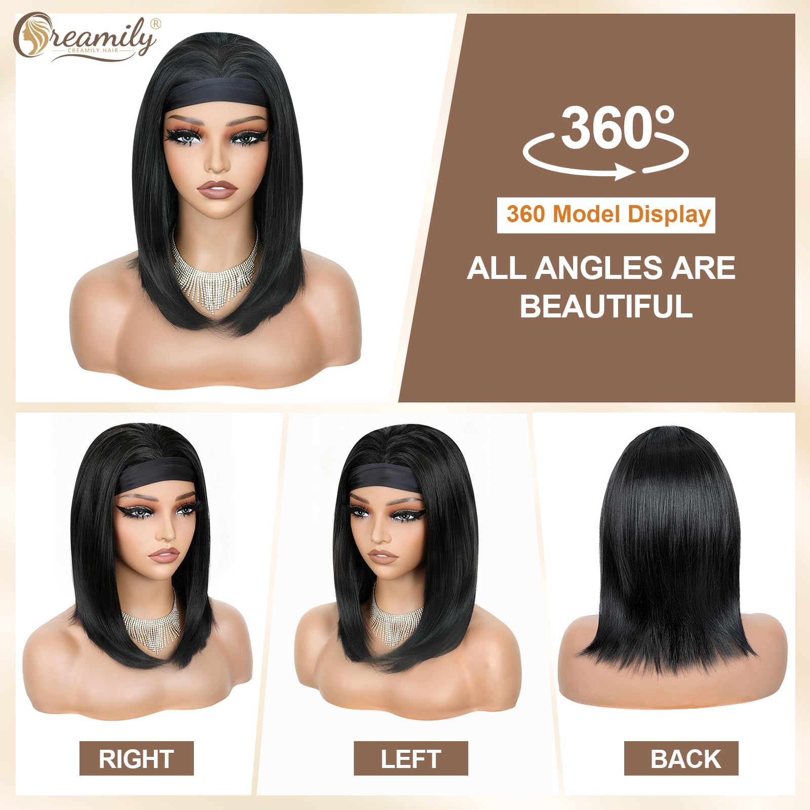 Creamily Short Bob Hairband Wigs for Women 10 Inch Straight Easy Wear and Go Glueless Natural Black Synthetic Headband Wigs for Girl No Lace for Daily Use 1