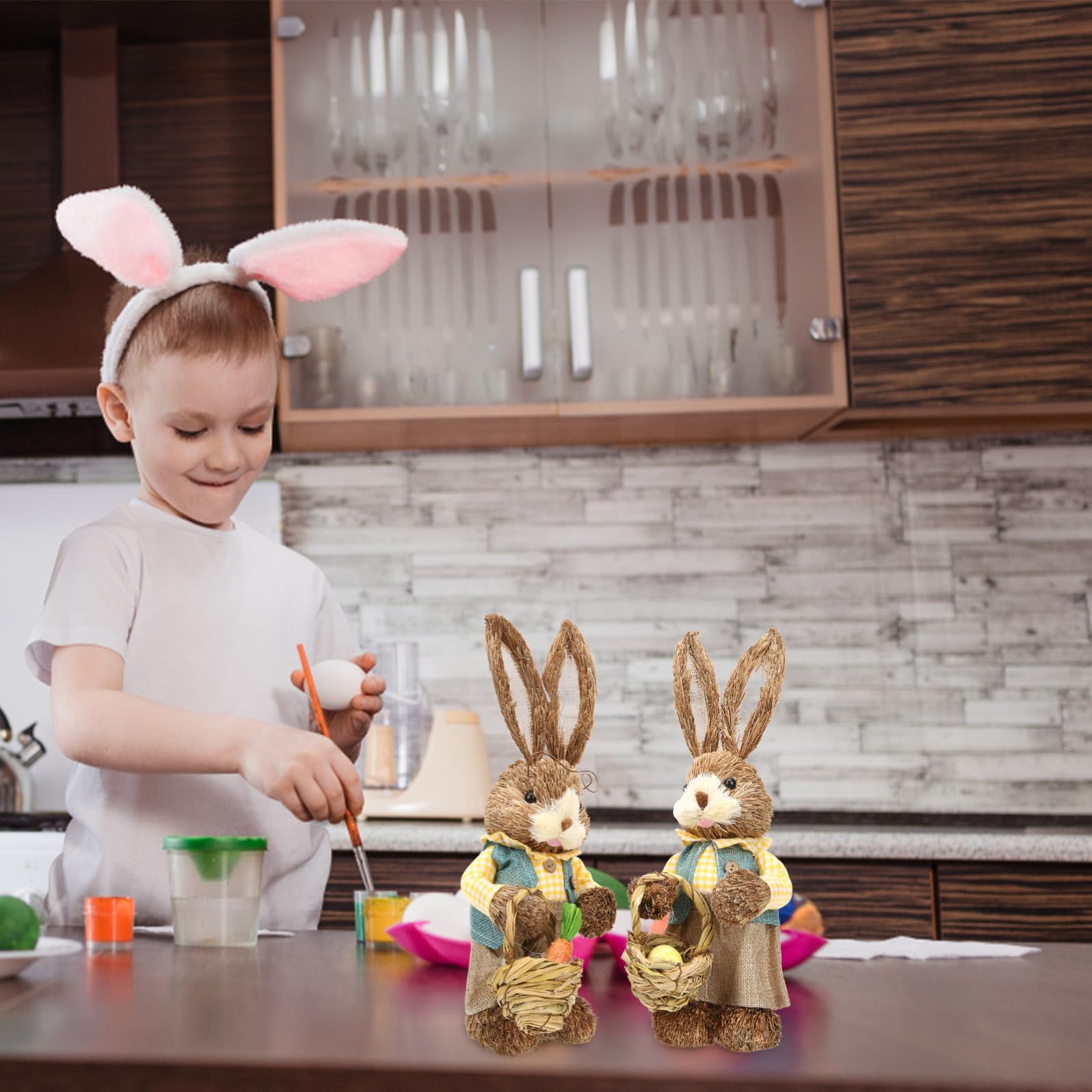 Kichvoe Decorazione Coniglio Pasquale 2 Pezzi in Paglia e Cotone, Statua Coniglio 35 Cm, Decorazione Casa e Torta, Stile Adorabile