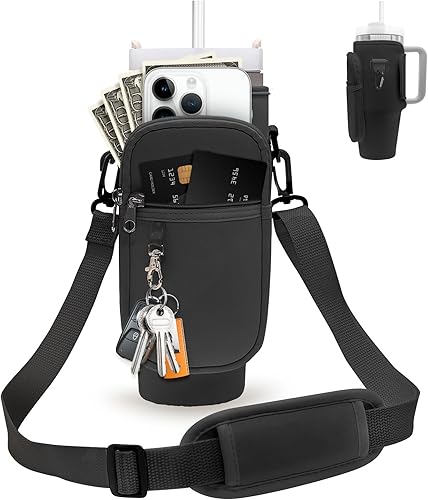 Water Bottle Carrier Bag Phone Pocket for Stanley 40 oz Tumbler, Neoprene Water Bottle Holder with Adjustable Strap for Hiking Biking Camping