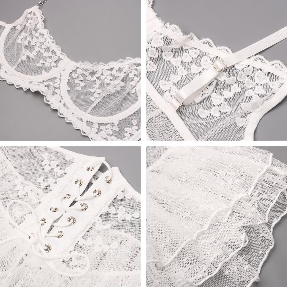 WBDWWTD Conjuntos de lencería sexy de 3 piezas para mujer, sujetador push up con aros de encaje y minifalda de malla transparente con tanga, babydoll travieso bordado con corazón, ropa interior de San