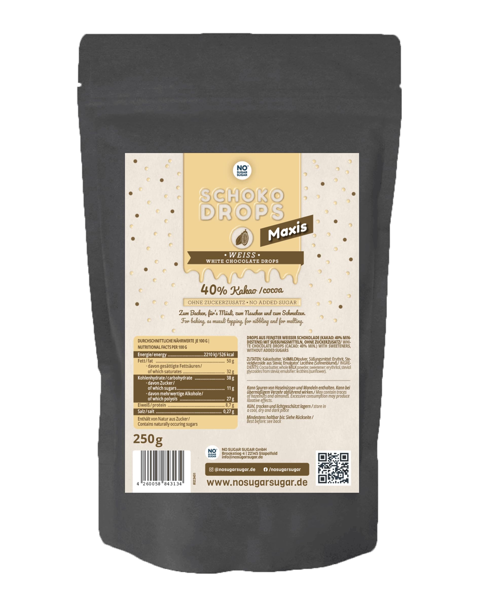 Schokodrops ohne Zuckerzusatz - NO SUGAR SUGAR Probierset Vollmilch, Weiß & Zartbitter (3x 250g)