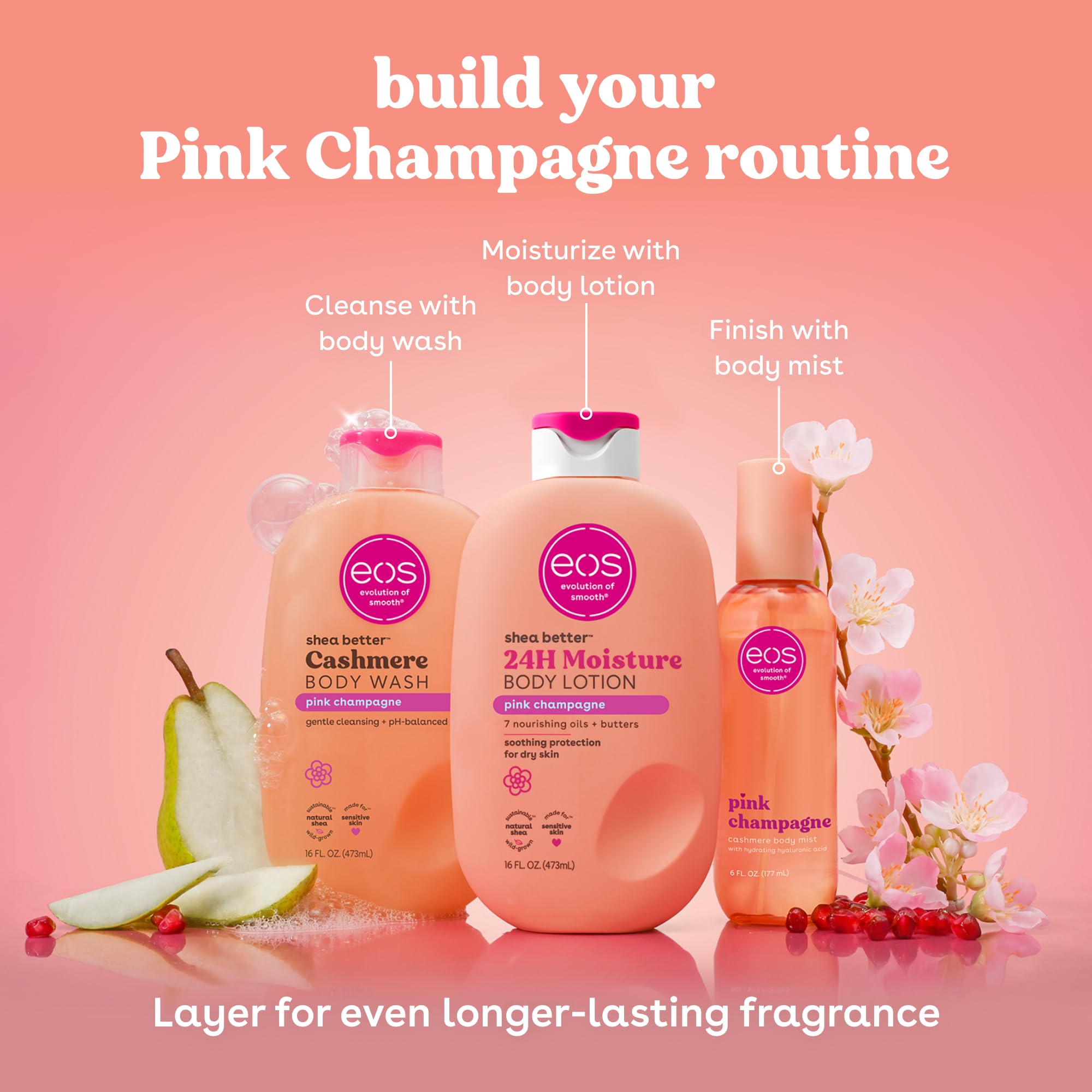 eos Spray corporal de cachemira, champán rosa, spray corporal para mujeres, niebla para el cabello, hidratante, ácido hialurónico, glicerina, vegano, libre de crueldad, 6 onzas líquidas 5