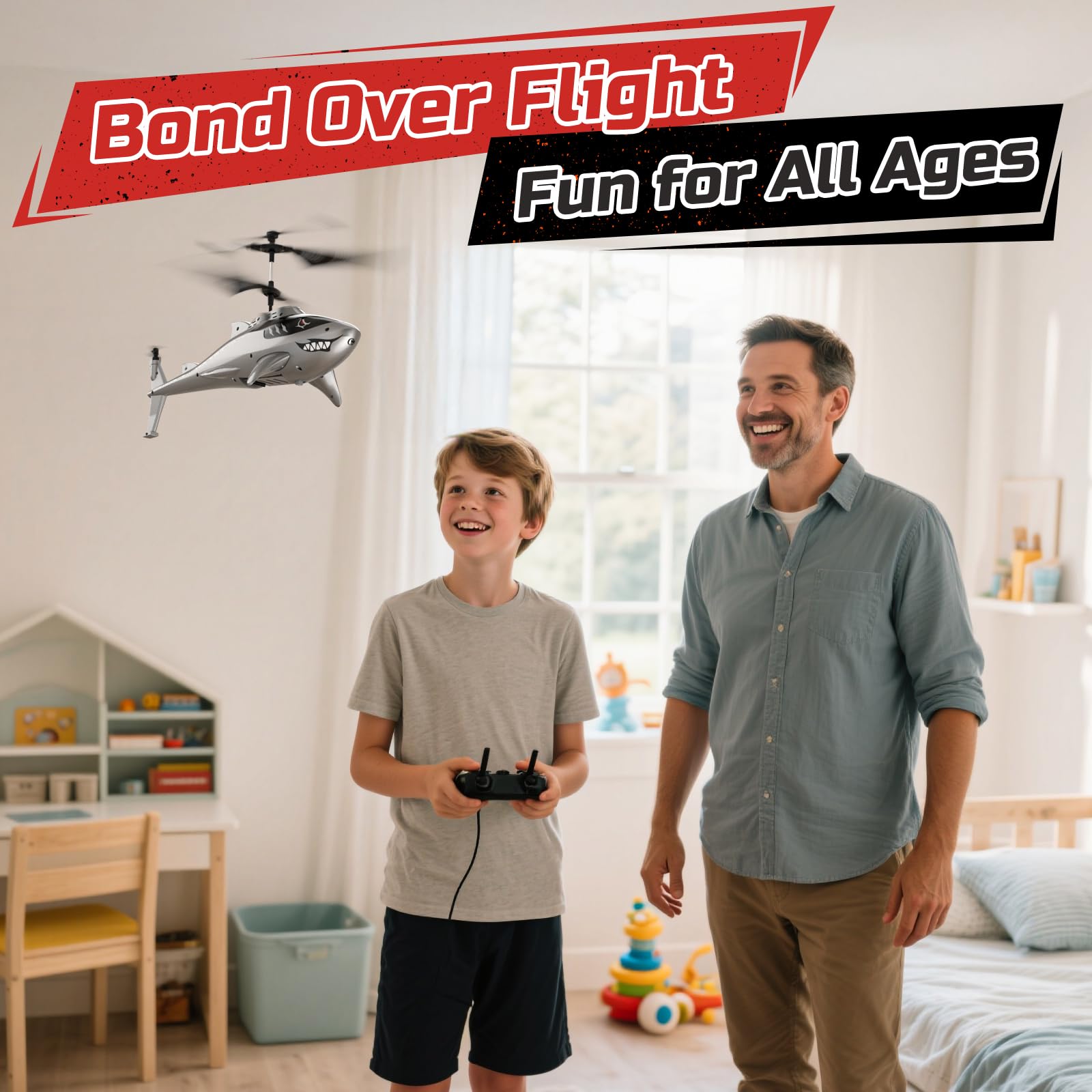 DEERC Elicottero telecomandato per bambini e adulti, elicottero squalo RC con mantenimento dell'altitudine, decollo/atterraggio automatico, luci LED, 24 min di autonomia, giocattolo volante interno.