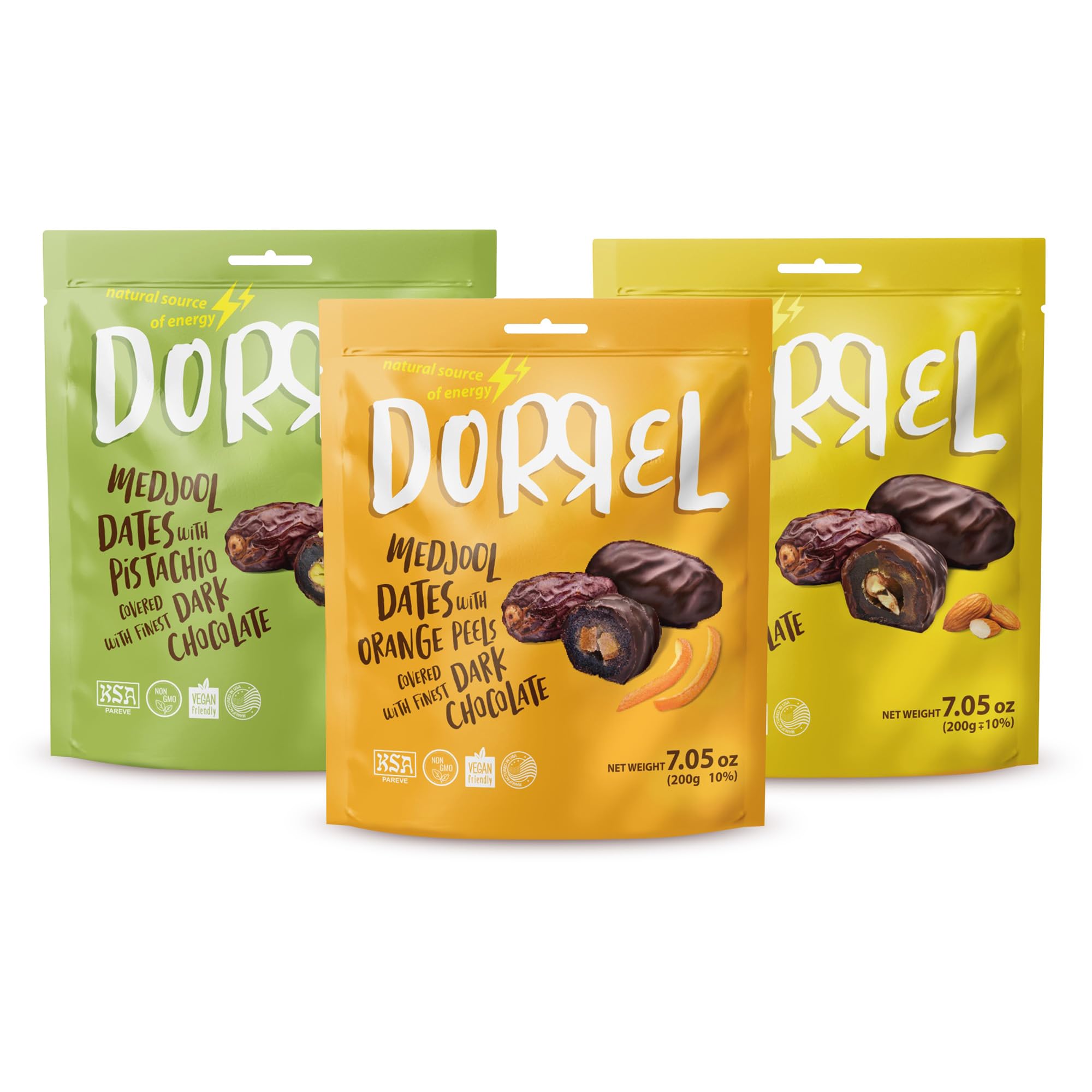 DORREL - Trio Bundle Pack: Belgian Dark Chocolate Covered Dates Medjool with Candied Orange Peels, Salted Almonds & Pistachio Stuffing, High Energy