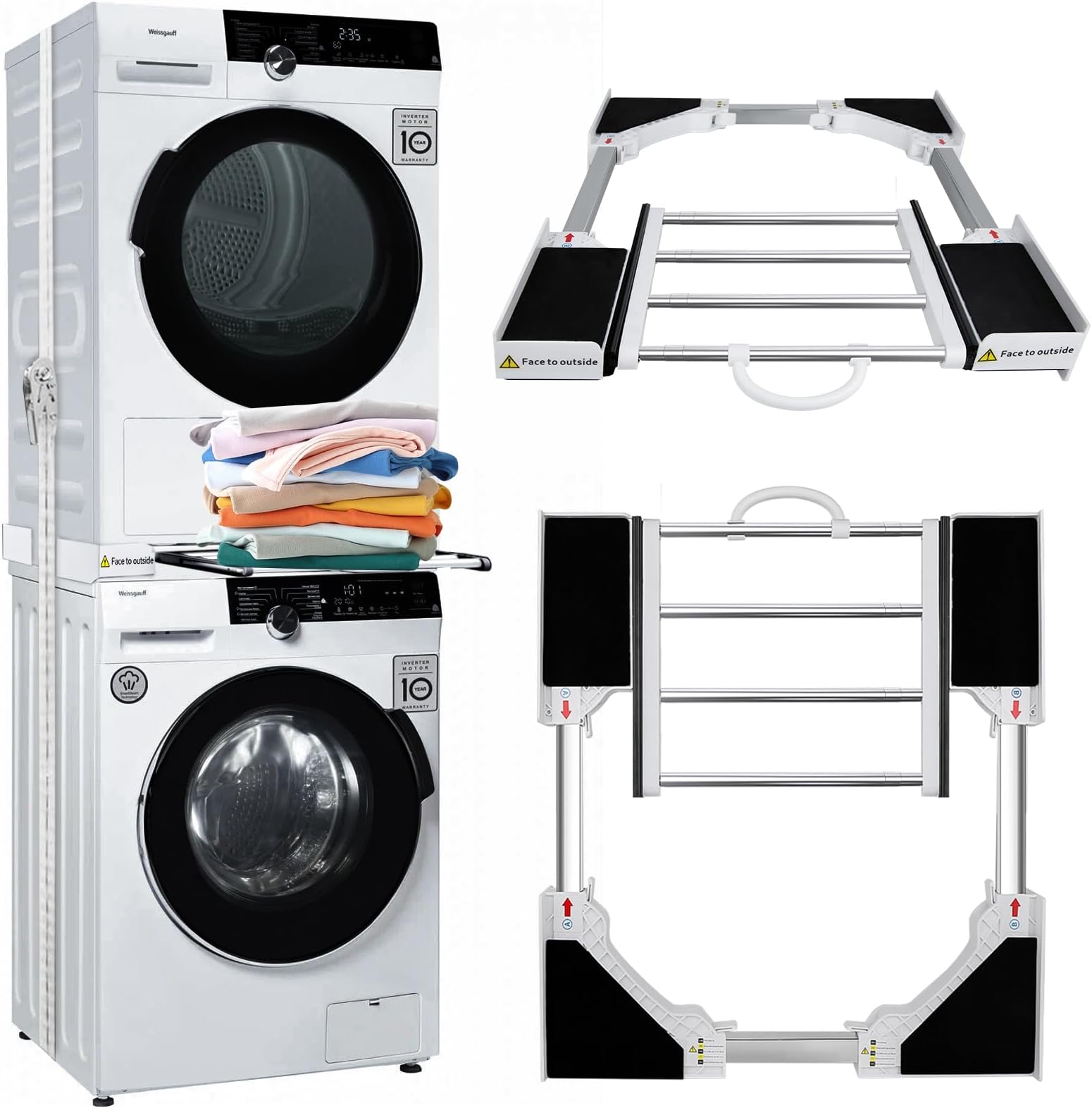Universal Stacking Kit for Washer and Dryer, Adjustable Washer Dryer Stack Stands Fit for 55-73 cm Washing Machine and Tumble Dryers, Washing Machine Stacking Kit with Shelf Washer Dryer Stacking Kit
