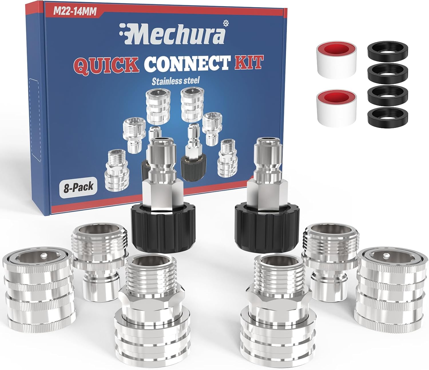 3/8" Pressure Washer Quick Connect Kit, M22-14mm Swivel Fitting, 3/8" Adapter Set, Stainless Steel M22 to 3/8" Quick Connect Pressure Washer Couplers (8 Pcs)