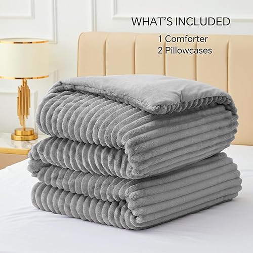 Miniatura 6 de BEDELITE - Juego de edredón de vellón de tamaño individual, supersuave, cálido, esponjoso, mullido, ropa de cama de color gris, juego de cama pesado