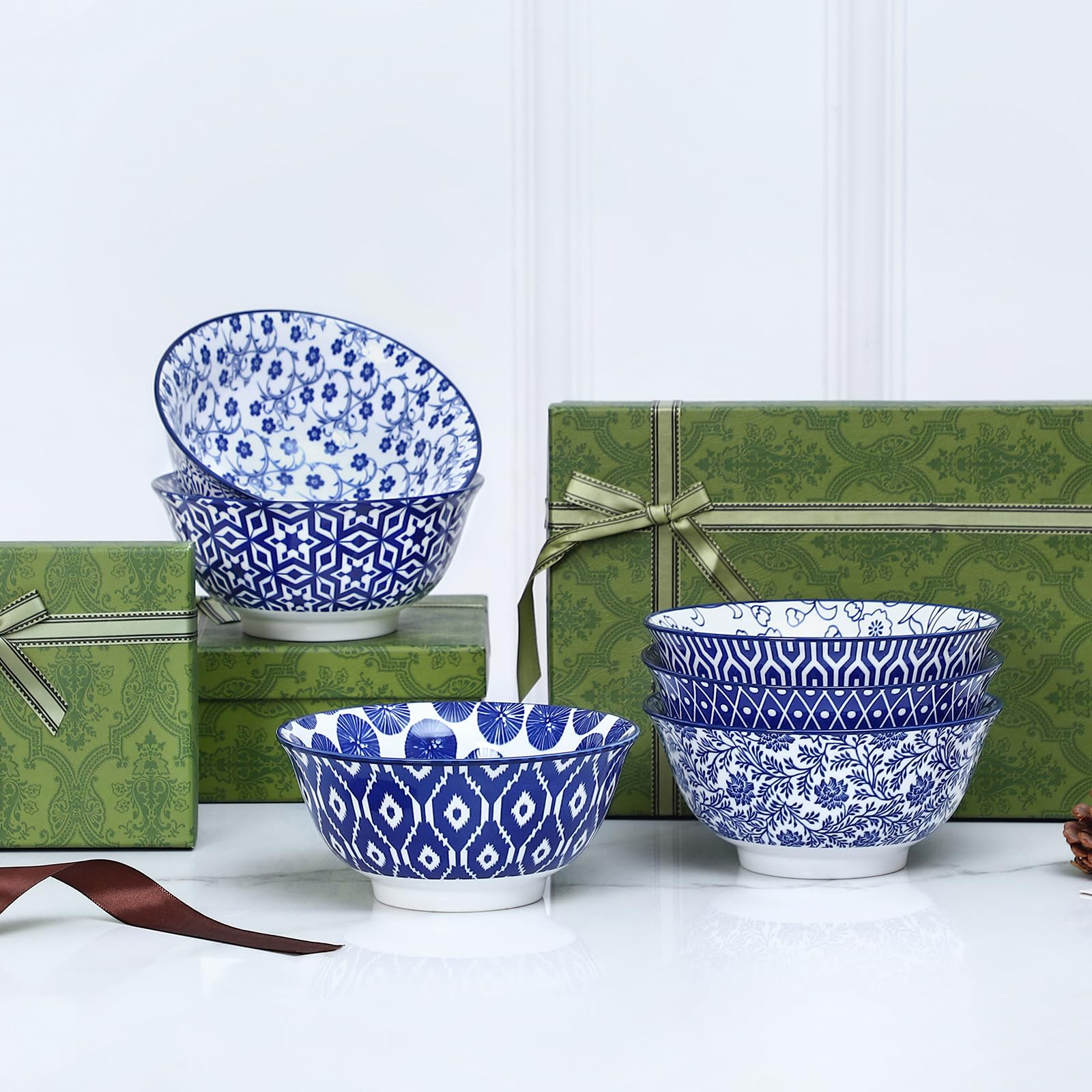 Selamica Porcelanowe miski na płatki śniadaniowe 18 cm, zestaw 6 miseczek do zupy, ceramiczne miski na płatki, zupę, sałatkę i makaron, niebieskie vintage