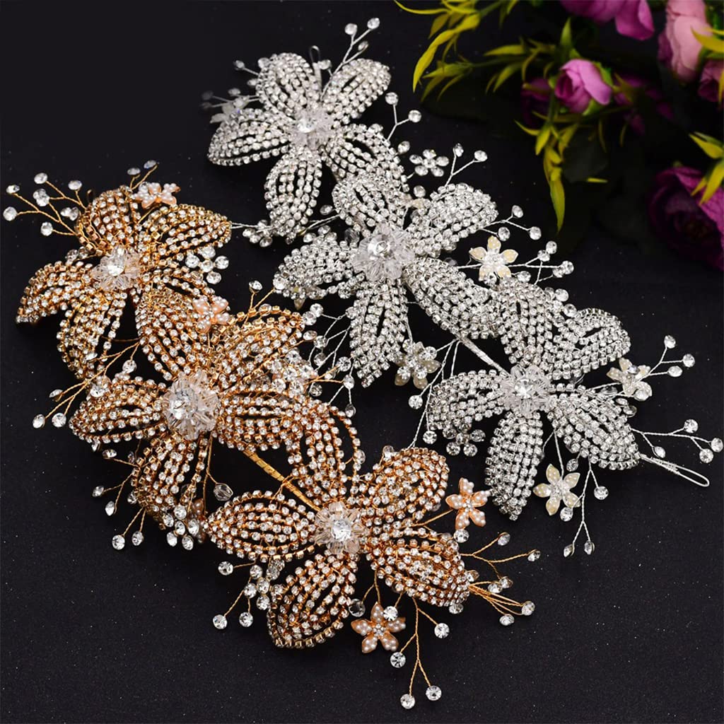 Blumenzweig Braut Hochzeit Stirnbänder Silber Gold Kristall Braut Kopfschmuck Strass Haarrebe für Damen und Mädchen