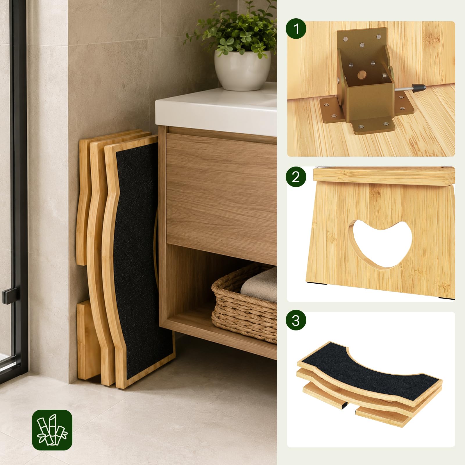 HOOBRO Taburete Plegable de Bambú para Inodoro, Taburete Fisiológico para Baño, Antideslizante, sin Necesidad de Montaje, Color Bambú Natural y Negro EYL03FP01