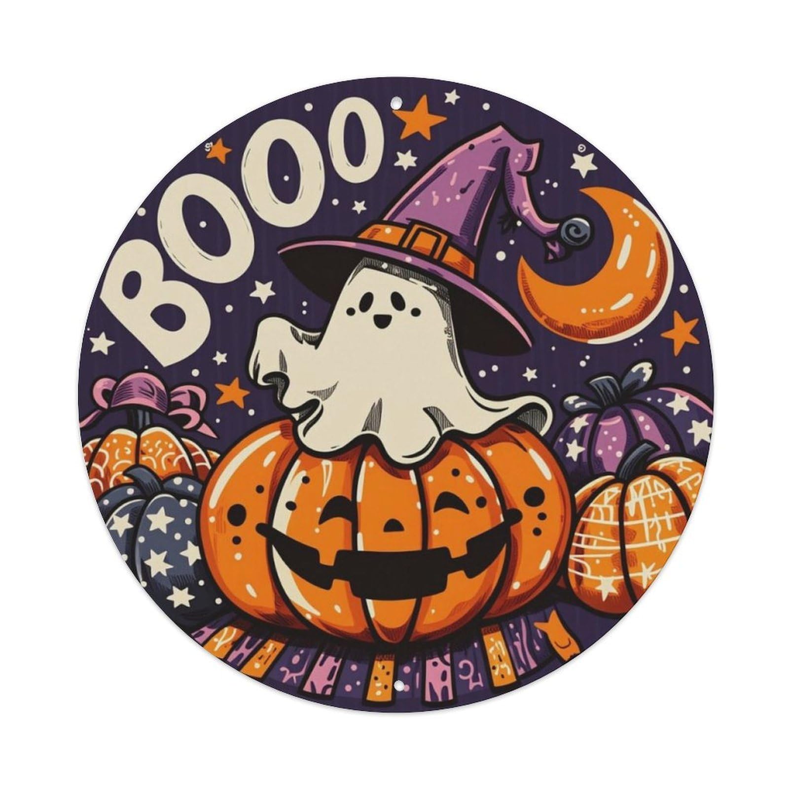 Cartoon Ghost Pumpkin Moon Happy Halloween Round Wall Sign Vintage Aluminium Metal Sign, Retro Wall Decor for Home, Bar, Garage & Farmhouse 20x20cm