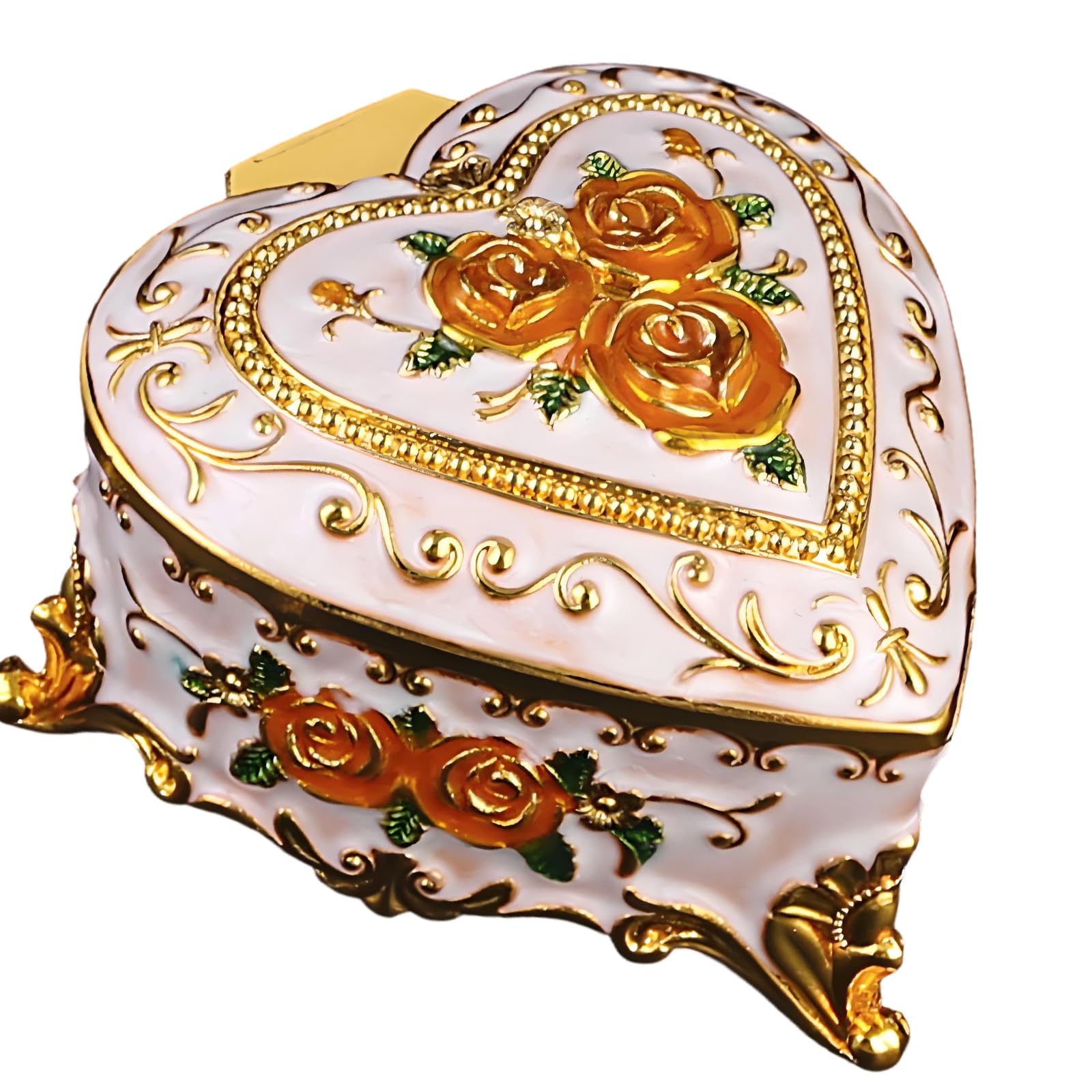 Dresser Jewelry Organizer Box with Gold-Tone Trim and Rose Embossed Lid, Zinc Alloy Storage Accent for Small Jewelry Heart Shaped Box Rose Embossed Trinket Storage Zinc Alloy Vanity Dresser Organizer