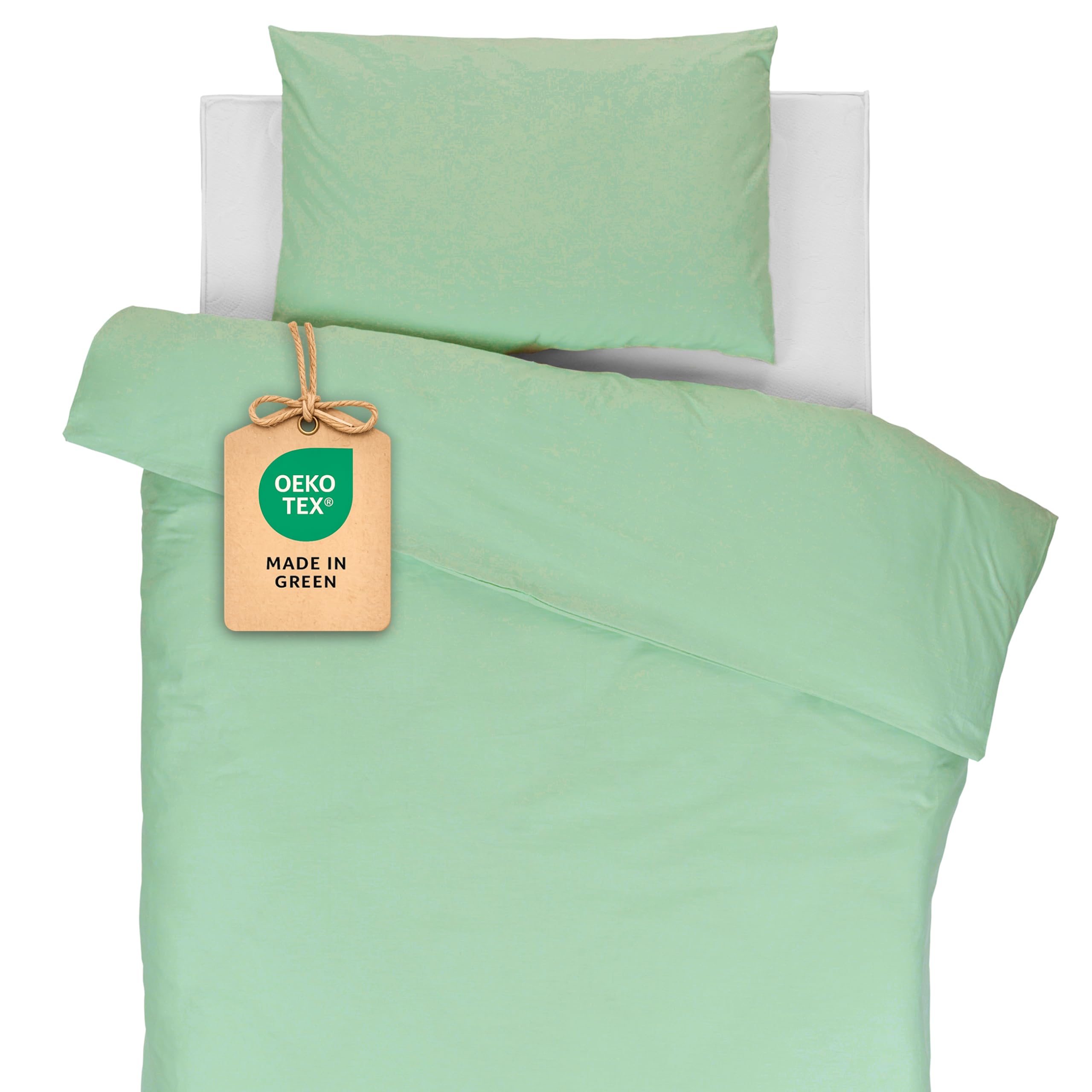 Drap Housse 80x160 (100% Coton) + Housse de Couette 120x170cm + Taie Oreiller Enfant 40x60cm - Parure 100% Coton pour Lit Cabane 80x160 cm (Blanc/Eucalyptus, Parure 80x160 cm (3 pièces))