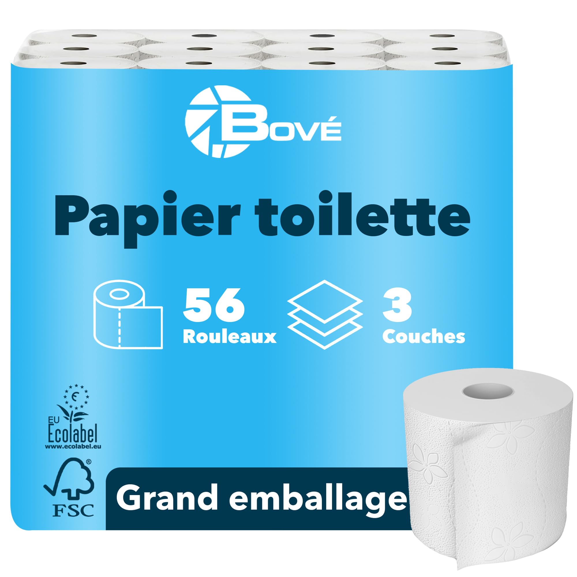 BOVE Lot de 56 rouleaux de papier toilette 3 couches - 250 feuilles par rouleau - Extra doux, solide et absorbant - Certifié FSC et écologique de l'UE - Excellent rapport qualité-prix