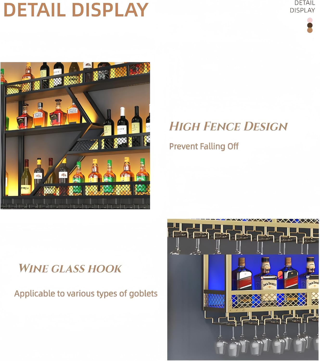 79" Large Wall Mounted Wine Rack, 3-Tier Diamond Design Bar Shelves for Liquor Bottles, Sturdy Metal Wine Bottle Holder with Stemware Hanger for Dining Room,Bar,Gold(Without Lights,Left+Right)