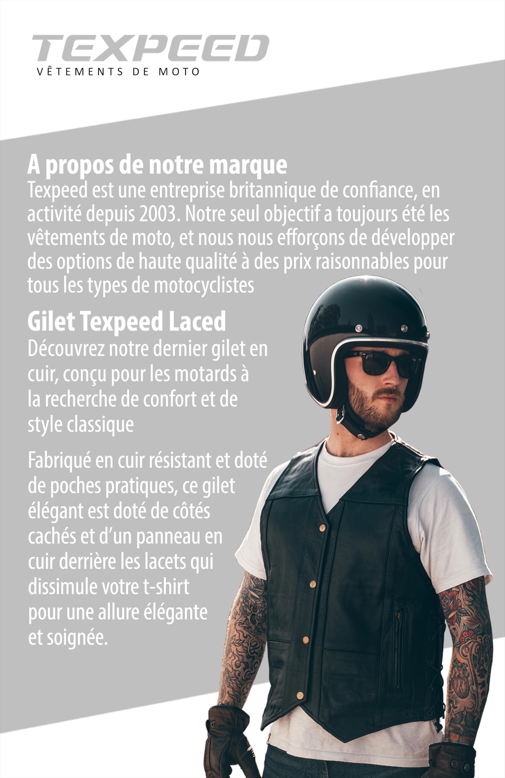Texpeed Gilet moto en cuir pour homme coupe - Véritables poches fermeture éclair de qualité moto/coupe gilet avec côtés tressés Noir - 10XL