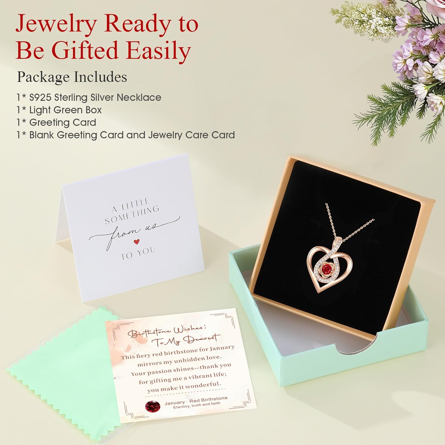 Rose Love Heart Necklaces for Women, S925 Silver Jewelry with Birthstone Pendant, Wedding Anniversary, Birthday, Mother’s Day, Christmas Gifts for Mom, Mother, Wife, Girlfriend
