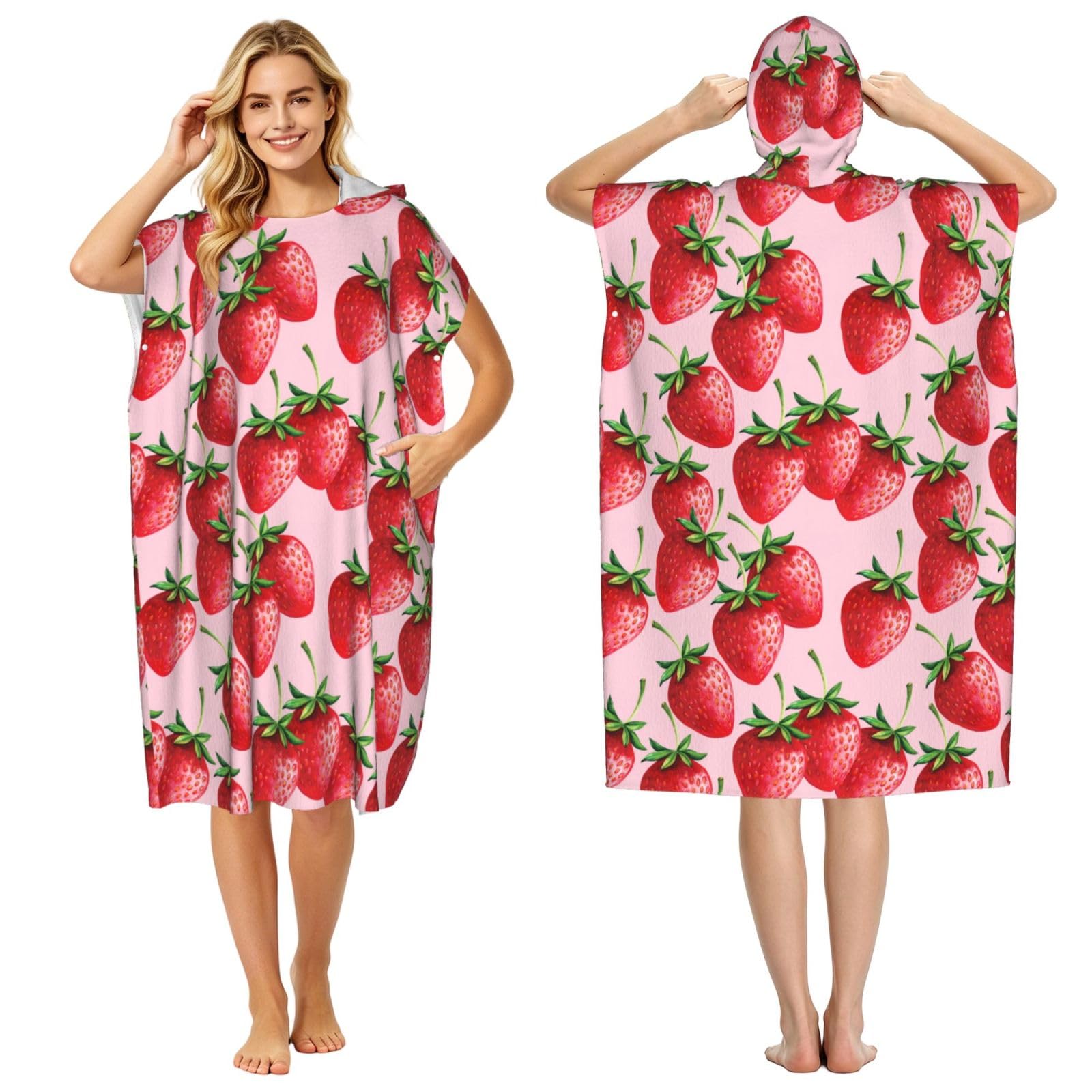Poadnly Strawberries With Pink Background, Adult Hooded Beach Towel 90 x 110 cm,Changing Bath Robe, Surf Poncho Towel For Women Men