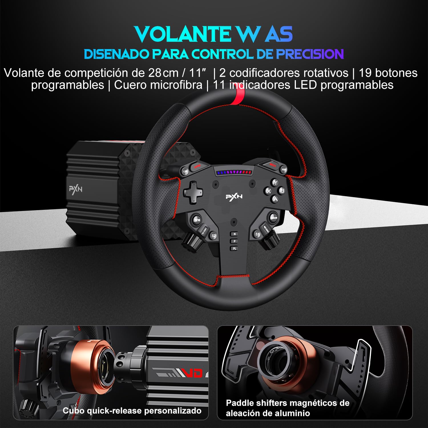 PXN VD6 Conjunto de Volante para Simracing 6 Nm – Base Servo de Baja Inercia, Volante de Carreras W AS, Pedales PD HM Hall y Abrazadera de Escritorio – Compatible solo con Windows 7 a 11 en PC | Base servo 6Nm con QR, volante 28cm, 2 pedales, mordaza, sop