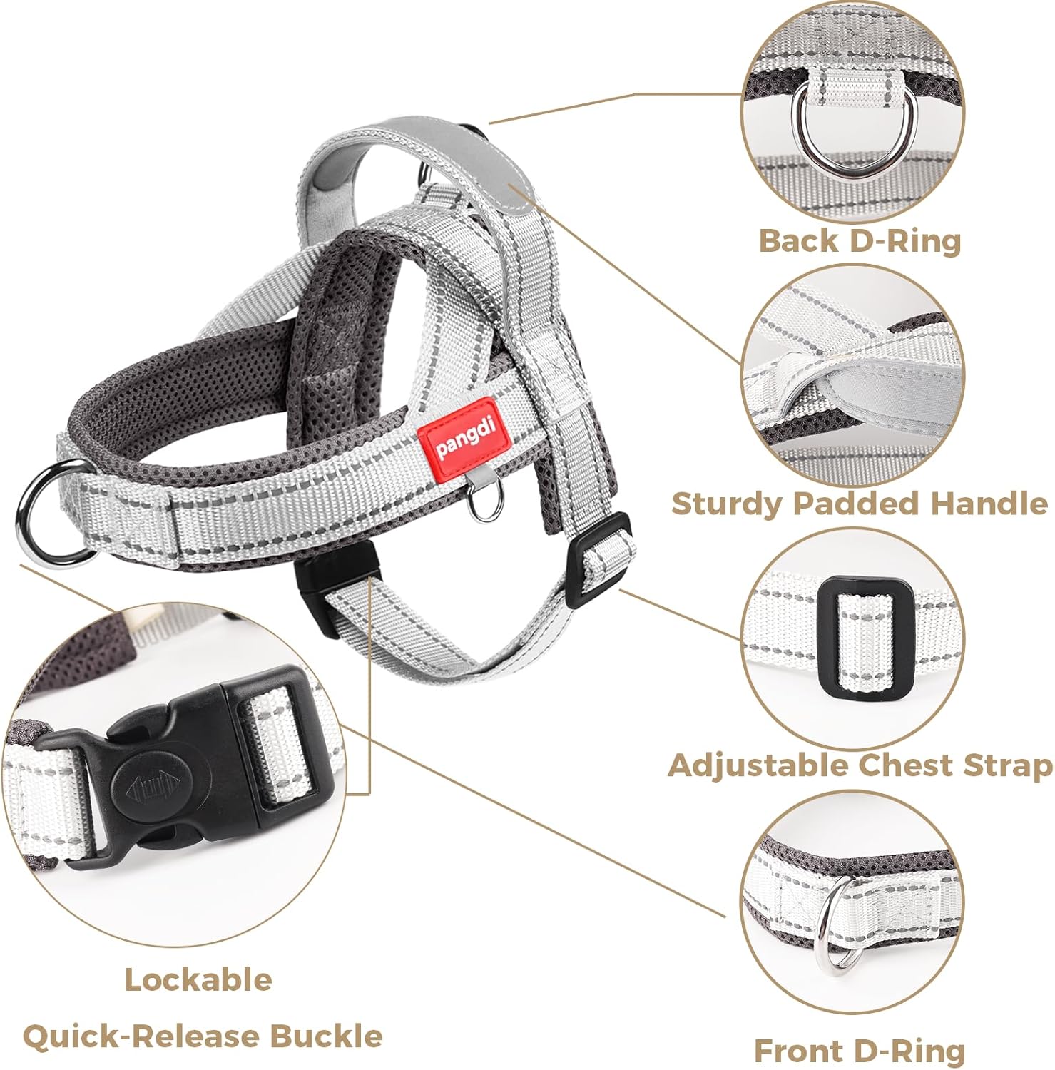 No Pull Dog Harness with Handle, Corgi Adjustable Reflective Dog Vest, Breathable Air Mesh Padded Pet Harness with Front Leash Clip for Small Medium Dogs, Light Grey, XL