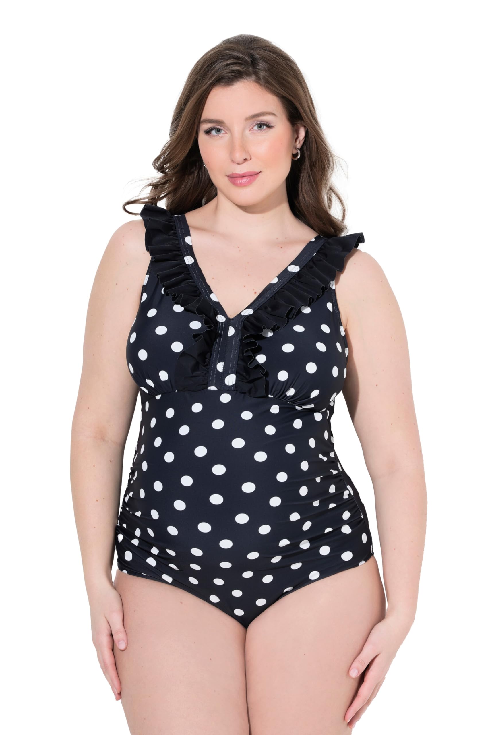 Ulla Popken Damen große Größen Übergrößen Plus Size Badeanzug ohne Softschalen, Ausschnitt-Rüsche 839804