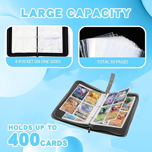 Miniatura 4 de Carpeta de 400 tarjetas para tarjetas intercambiables, 4 bolsillos con cremallera y asa, álbum de diseño de piel sintética para almacenamiento de