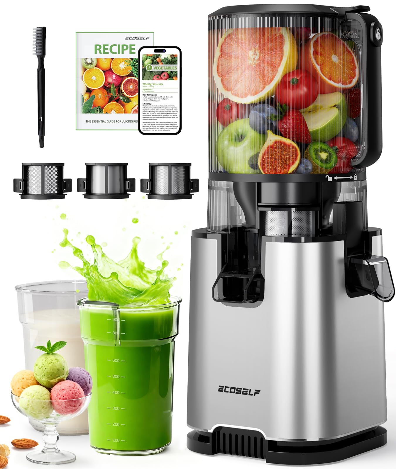 ECOSELF Juicer Machines with 3 Filters (For Juice/Sorbet/Nut Milk), With 6.0" Wide Mouth Hopper for Vegetables & Fruits, Slow Masticating Juicer Self Feeding, Juicer for Family Party, With Brush - 65% off