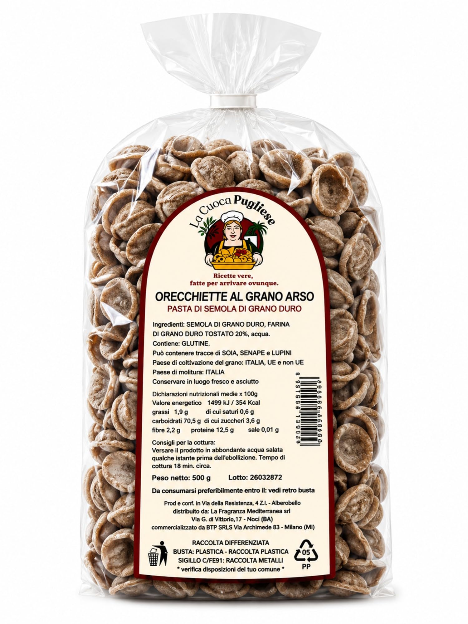 La Cuoca Pugliese - Orecchiette al Grano Arso, produzione artigianale pugliese, confezione da 10 pacchi x 500 g, pasta italiana