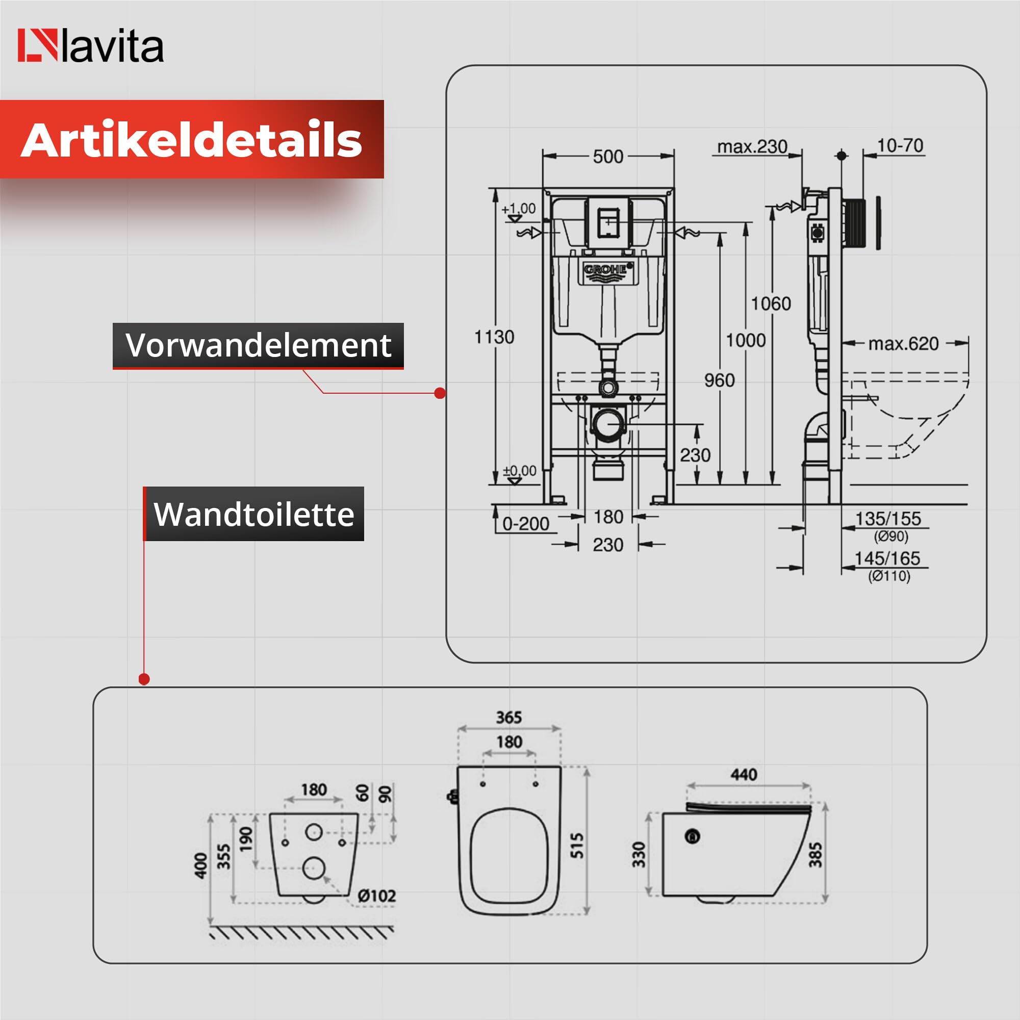 LAVITA | Elemento de pared Solido + pared colgante de inodoro Paraná blanco sin borde + asiento de inodoro de cierre suave | botón dorado | juego completo | cisterna empotrada | inodoro completo
