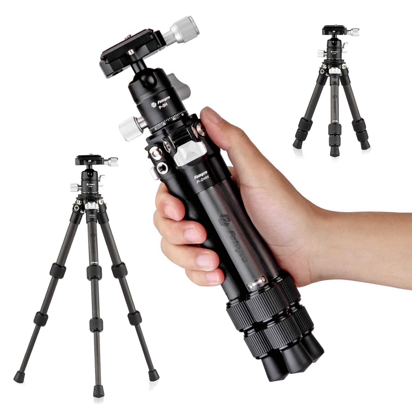 Fotopro Mini trípode ligero y compacto de fibra de carbono con cabeza de bola de 360°, placa QR para cámara réflex digital, videocámara para viajes, para escritorio, P-2, color negro