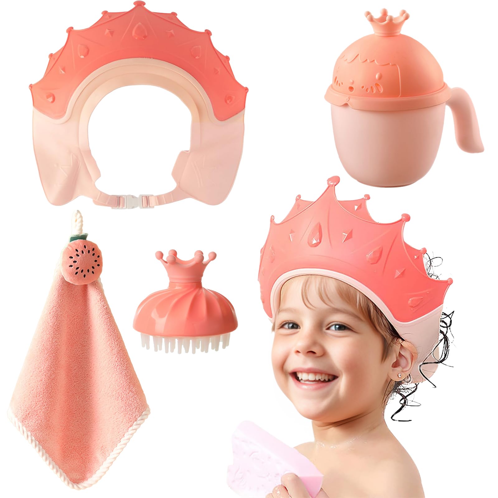 Kids Hair Washing Shield with Bath Rinse Cup and Shampoo Brush, Adjustable Baby Shower Cap Shield for Eye and Ear Protection for for Kids 6Mouths-9Year