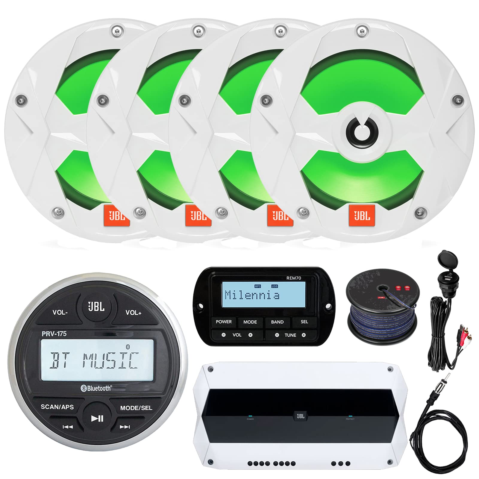 Gauge Style Bluetooth USB Marine Receiver Bundle Combo with Remote, 4X 6.5 225W 2-Way Marine White LED Speakers, 1000W 4-Channel Marine Amplifier, USB/AUX Interface, 22" Antenna, Speaker Wire
