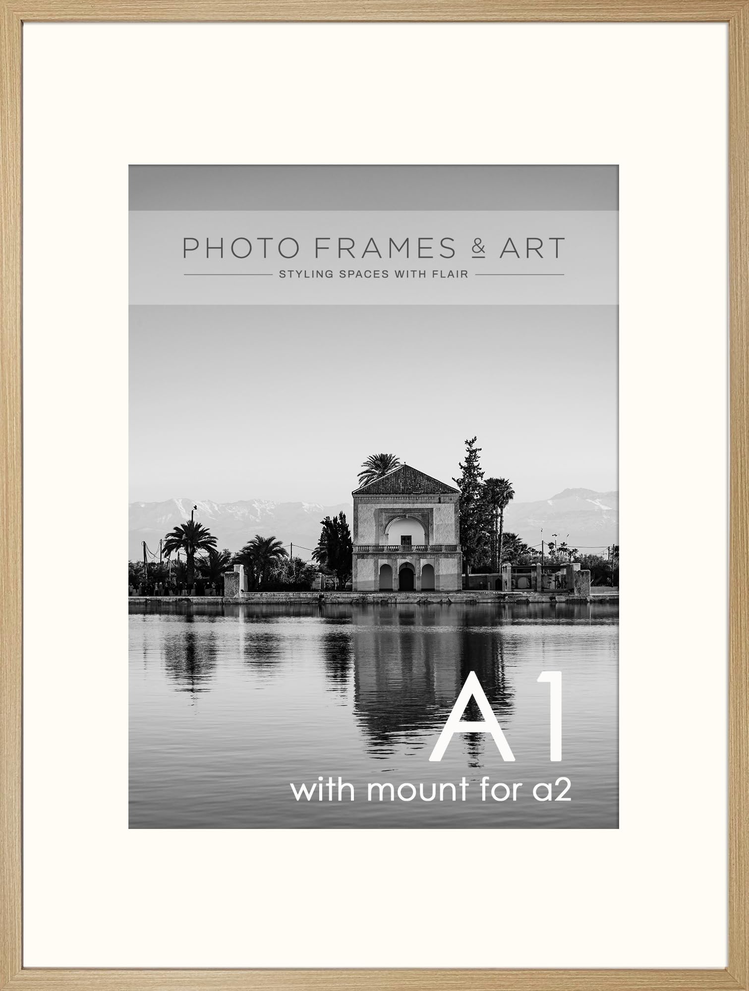 Pf+A Oak Effect Real Wood Large A1 For A2 Poster Frame - A2(42X59.4cm) Frame With Mount - Wall Mountable - A1(59.4X84.1cm) Removable Mount