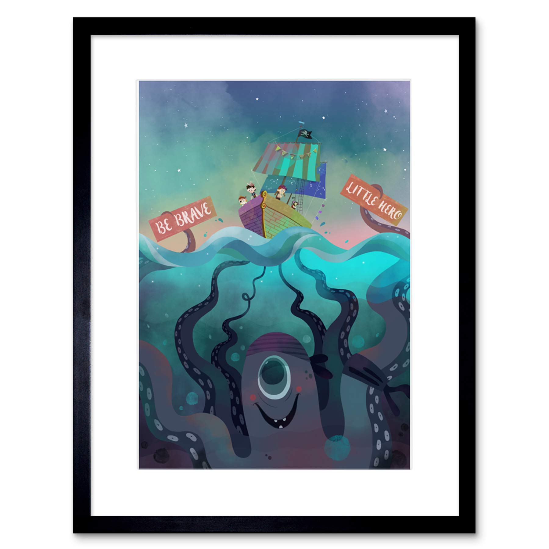 Wee Blue Coo Be Brave Pirates Octopus Framed Wall Art Print
