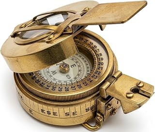 Vintage Brass Military Compass with Folding Lens & Sundial, for Hiking, Camping, Navigation & Collectors