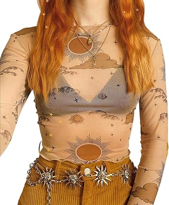 MIZOK Womens Long Sleeve See Through Shirts Angel Print Sexy Sheer Mesh Crop Tops