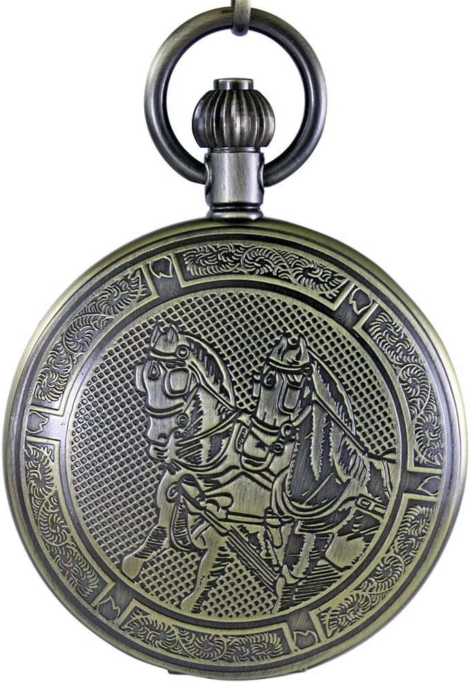 OGLE 3ATM Waterproof Vintage Bronze Horse Black Tourbillon Phases Moon Mens Student Analog Chain Fob Self Winding Mechanical Pocket Watch Box