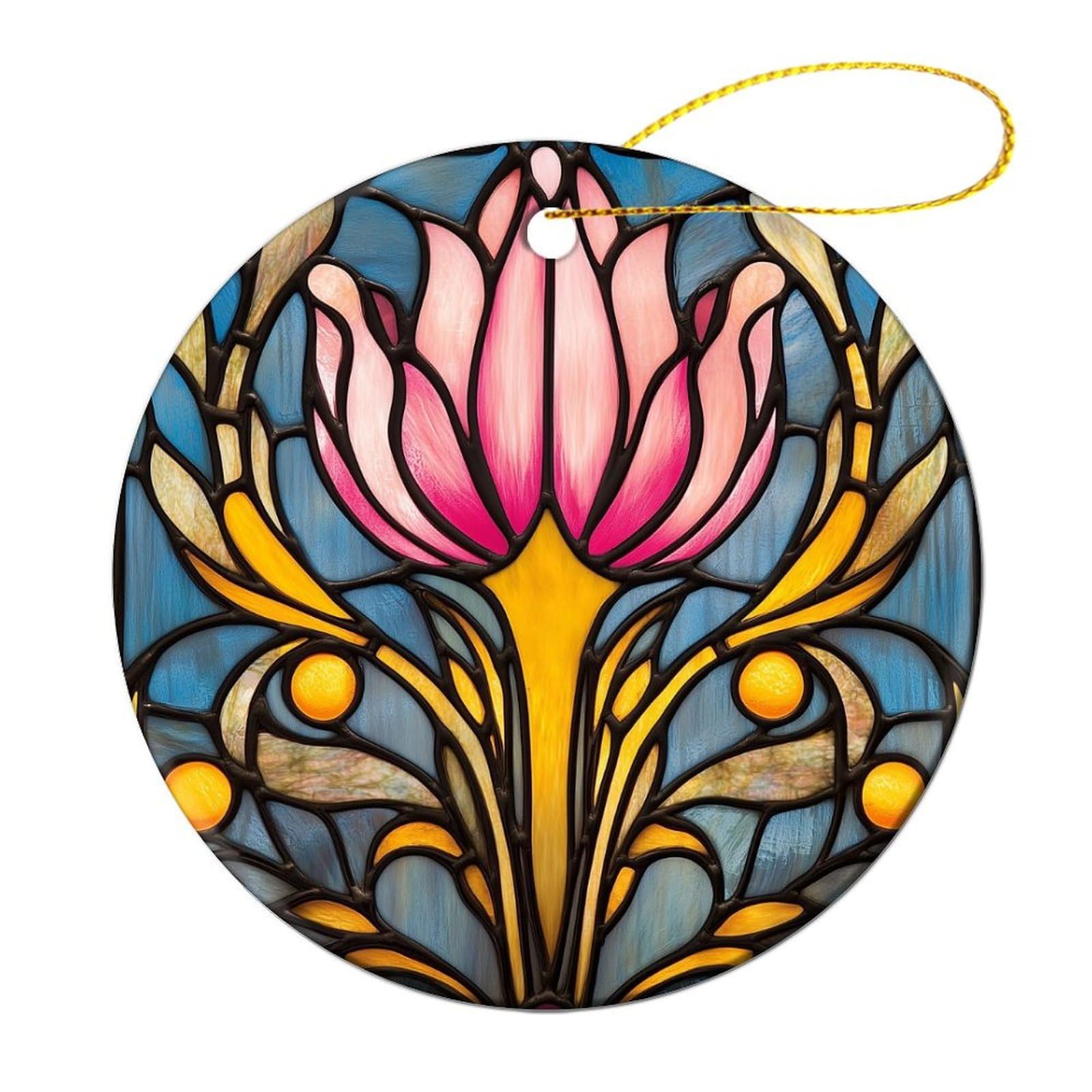 Stained Glass Stylized Pink Floral Christmas Tree Hanging Ornaments,2 Pieces, 7.2CM Round Double-Sided