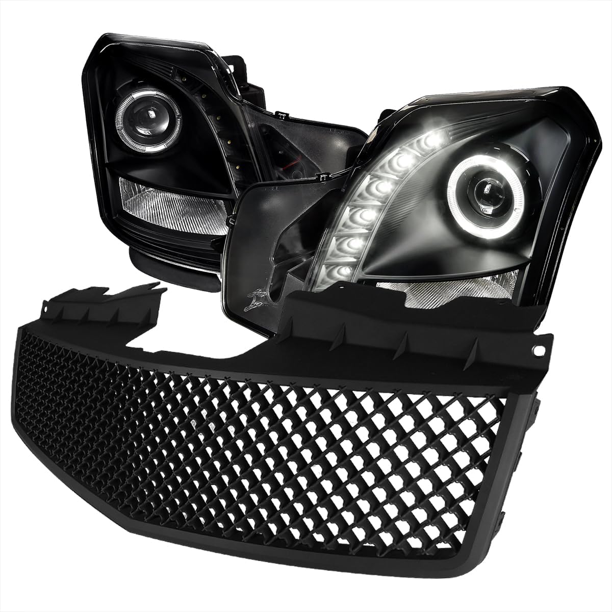 SPEC-D TUNING LED Halo Projector Headlight and Matte Black Mesh Hood Grille for 2003–2007 Cadillac CTS