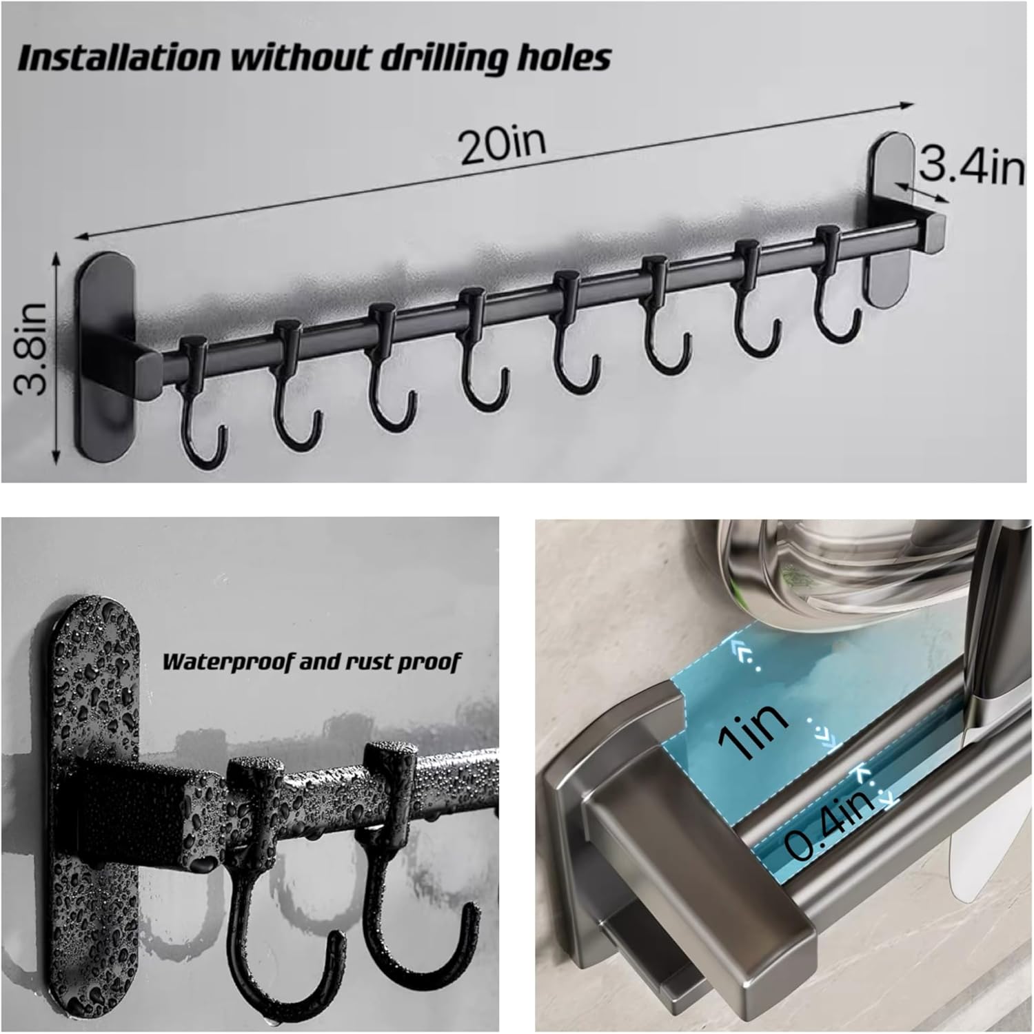 YJPYJP Kitchen Guide Rail, with 8 Sliding Hooks, Pot and Knife Holder, Non Drilled Wall Mounted Kitchen Utensil Holder, Suitable for Corridors, Kitchens, Bathrooms, Bedrooms. Aluminum (Black)…