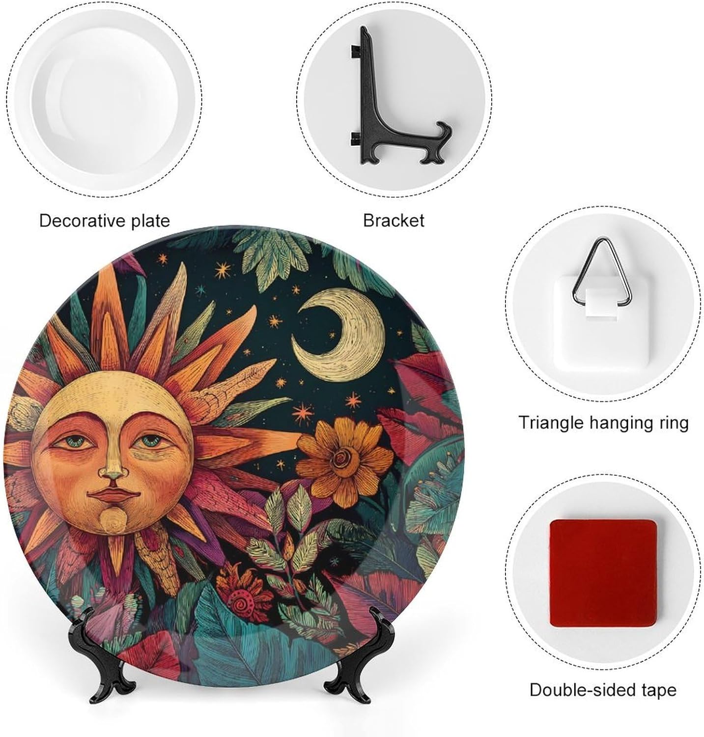 Sun And Moon Accompanying Decorative Plates for Display Ceramic Plate Tray with Stand Hanger Home Decor