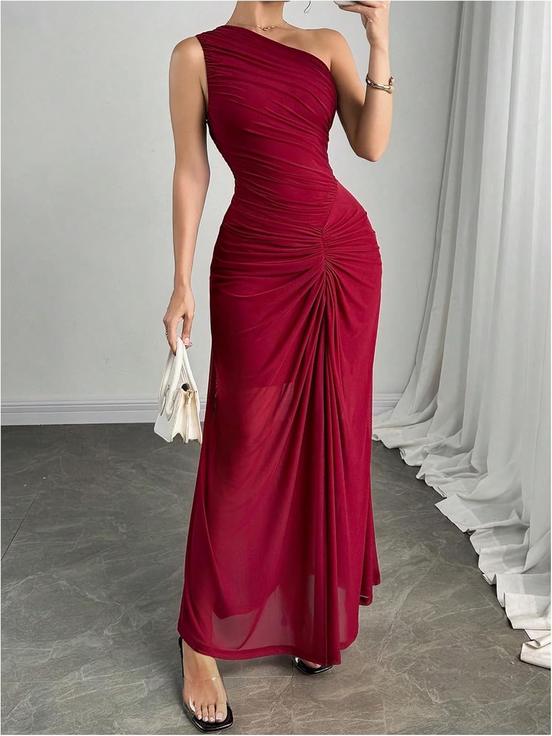 Floerns Women's One Shoulder Mesh Bodycon Maxi Dress Ruched Sleeveless Party Night Out Cocktail Dresses - Image 3