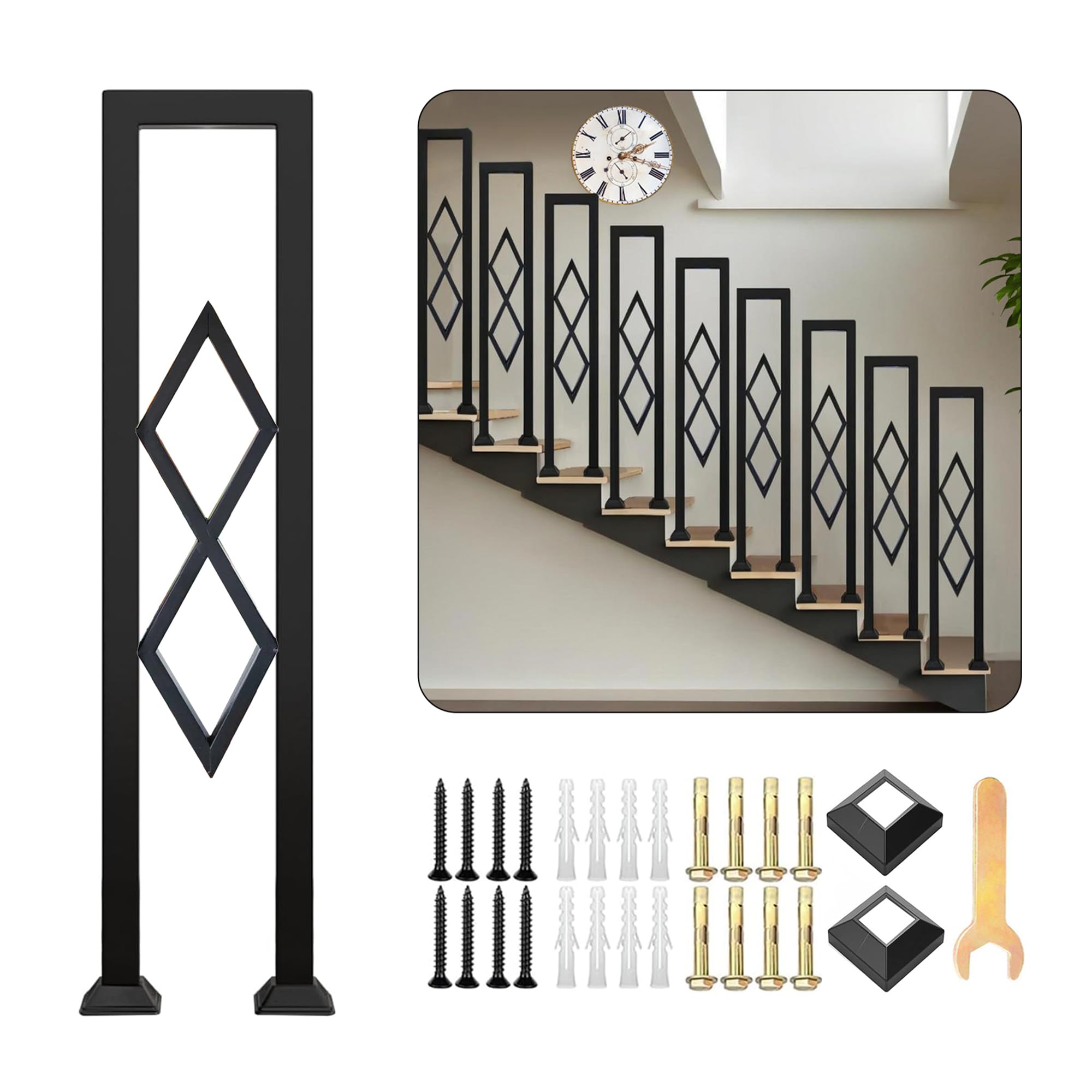 CQAEBK U-Shaped Stair Handrail, Black Wrought Iron Hand Rails Decorative Railing for Indoor Stairs, Porch Deck Loft Corridor Safety Non-Slip Support