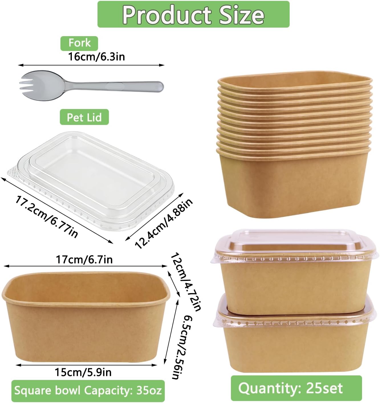 25 Pack 35oz Disposable Kraft Paper Bowls with Lids and Forks, Rectangular Meal Prep Containers, Microwave Safe for Hot/Cold Food
