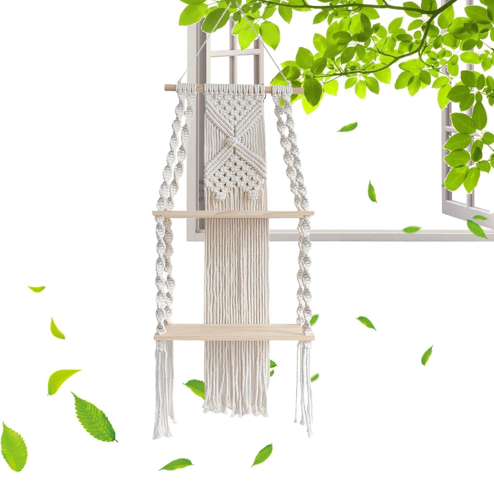 Étagère murale bohème en bois suspendue à double niveau, design artisanal épuré