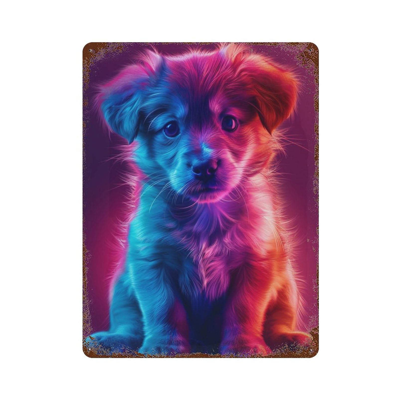 Rust Effect Neon Puppy Portrait Aged Metal Wall Plaque 15.7"x11.8", Shabby Chic Decor for Living Room, Hallway And Home Decor