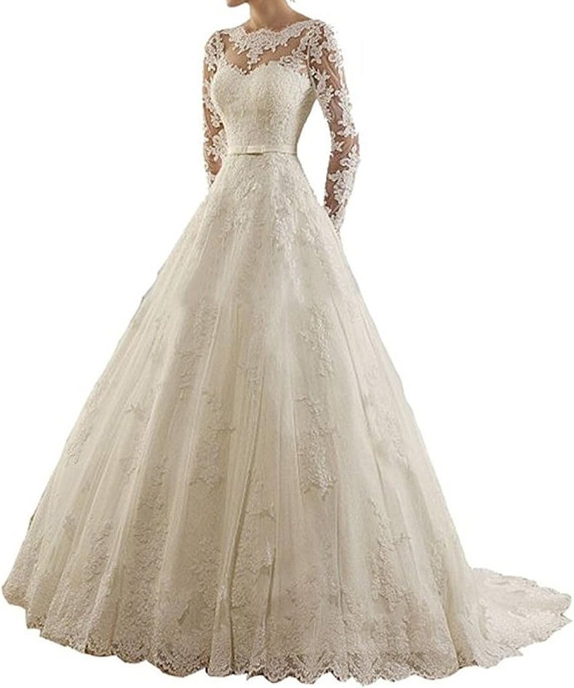 RightBride Women's Wedding Dresses Long Sleeves Jewel Vintage Dress Lace Wedding Dresses for Bride 2017