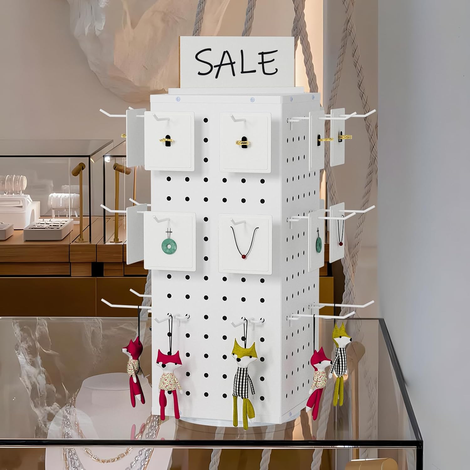 Rotating Pegboard Display Stand With 24 Hooks,Spinning Peg Board Displays,Tabletop Metal Pegboard Shelf for Craft Shows & Fairs, Retail Stores, Vendors Arts and Crafts (White)