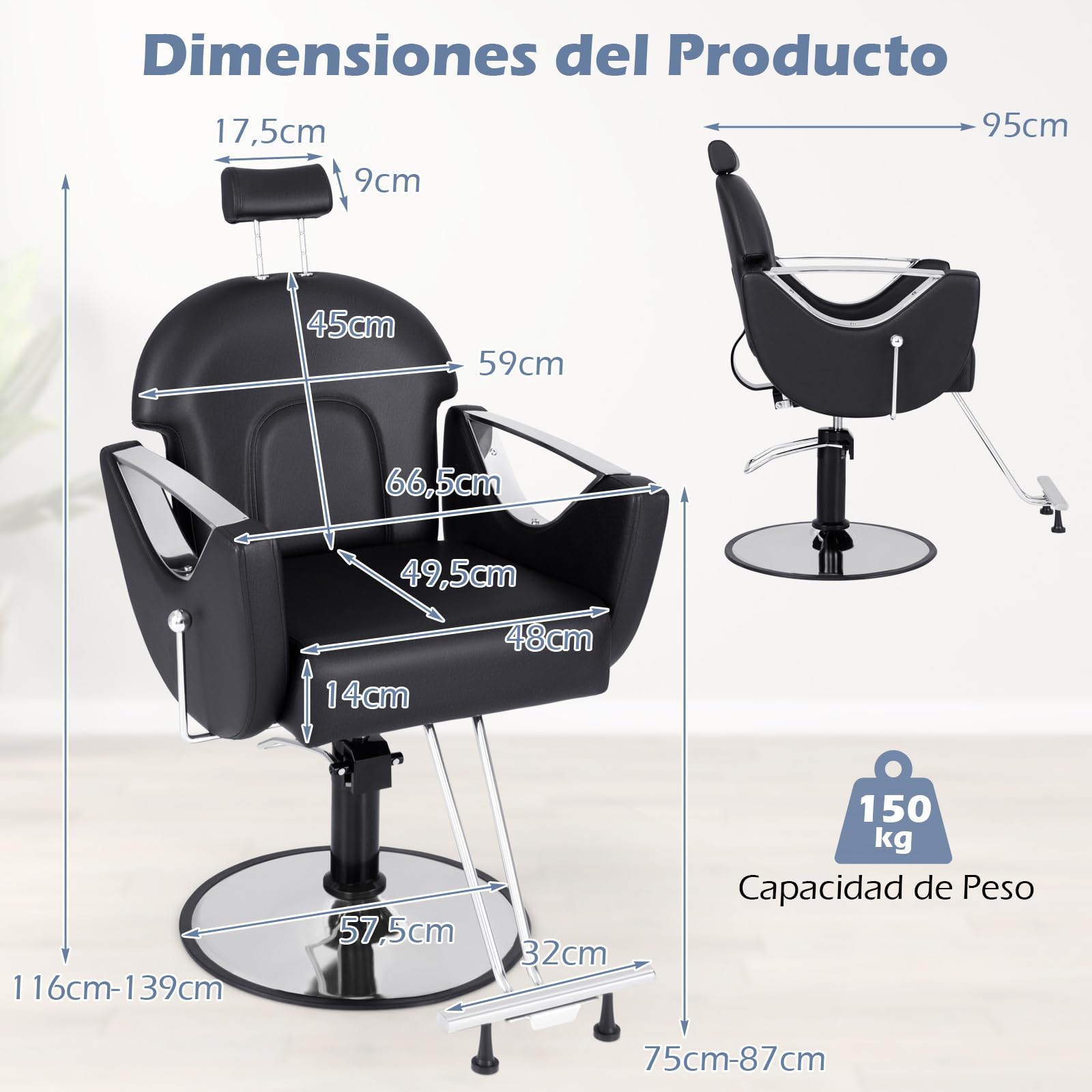 GOPLUS Silla de Peluquería, Silla Giratoria 360° con Respaldo para Peluquero, Altura y Reposacabezas Ajustables, Silla Reclinable con Bomba Hidráulica, Equipo de Barbero Tatuaje Belleza SPA (Negro)